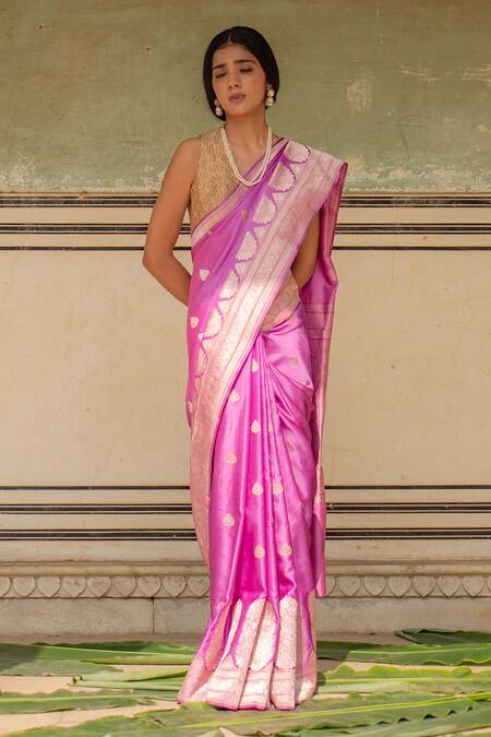 Priyanka Raajiv_Pink Silk Embroidery Alaia Banarasi Saree With Zane Running Blouse_Online_at_Aza_Fashions