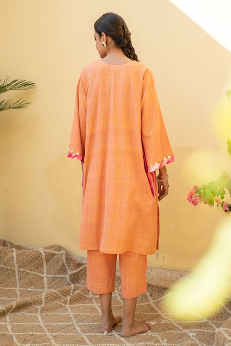 Shop_Priyanka Raajiv_Coral Cotton Gota Patti, Patchwork, Embroidery Altan A-line Kurta And Pant Set_at_Aza_Fashions