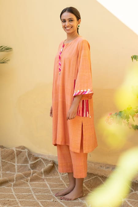 Priyanka Raajiv_Coral Cotton Gota Patti, Patchwork, Embroidery Altan A-line Kurta And Pant Set_Online_at_Aza_Fashions