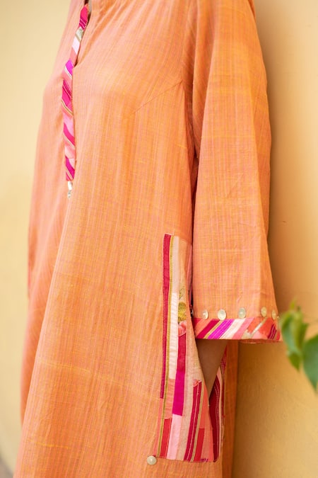 Buy_Priyanka Raajiv_Coral Cotton Gota Patti, Patchwork, Embroidery Altan A-line Kurta And Pant Set_Online_at_Aza_Fashions