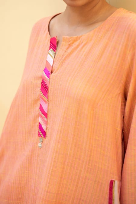 Shop_Priyanka Raajiv_Coral Cotton Gota Patti, Patchwork, Embroidery Altan A-line Kurta And Pant Set_Online_at_Aza_Fashions