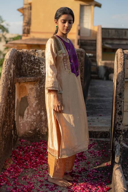 Priyanka Raajiv_Beige Silk, Brocade Zari, Gota Patti, Amari Zardozi Kurta And Rafa Palazzo Set _Online_at_Aza_Fashions