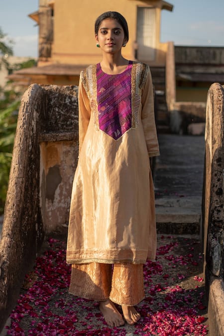 Buy_Priyanka Raajiv_Beige Silk, Brocade Zari, Gota Patti, Amari Zardozi Kurta And Rafa Palazzo Set _Online_at_Aza_Fashions
