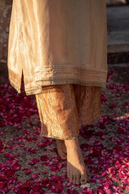 Shop_Priyanka Raajiv_Beige Silk, Brocade Zari, Gota Patti, Amari Zardozi Kurta And Rafa Palazzo Set _Online_at_Aza_Fashions