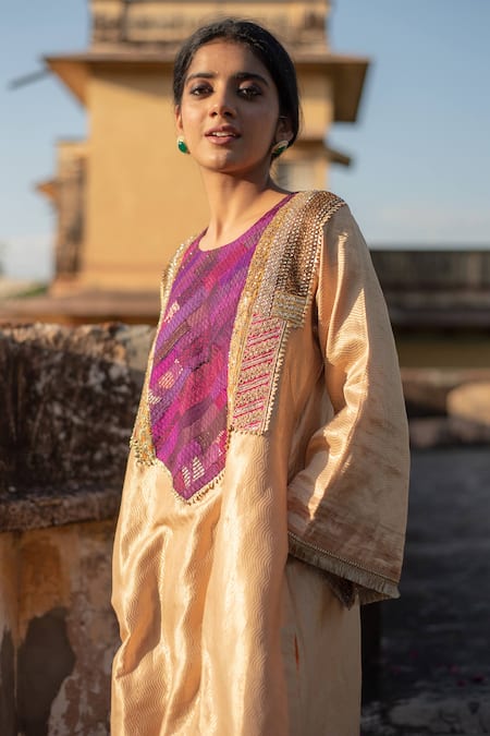 Priyanka Raajiv_Beige Silk, Brocade Zari, Gota Patti, Amari Zardozi Kurta And Rafa Palazzo Set _at_Aza_Fashions