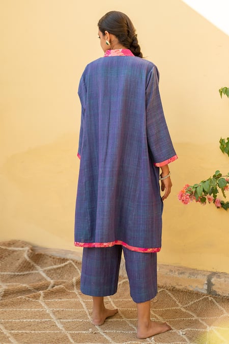 Priyanka Raajiv_Blue Cotton Sequins, Patchwork V-neck Aroon Organic Kurta And Flared Pant Set _Online_at_Aza_Fashions
