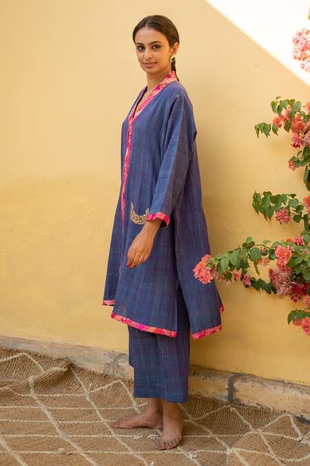 Buy_Priyanka Raajiv_Blue Cotton Sequins, Patchwork V-neck Aroon Organic Kurta And Flared Pant Set _Online_at_Aza_Fashions