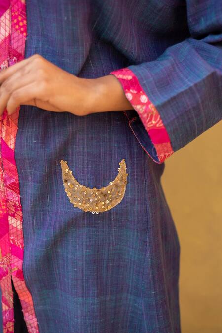 Shop_Priyanka Raajiv_Blue Cotton Sequins, Patchwork V-neck Aroon Organic Kurta And Flared Pant Set _Online_at_Aza_Fashions