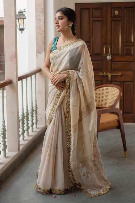 Priyanka Raajiv_Beige Silk, Brocade, Satin, Cotton, Tissue, Ausra Border Embroidered Saree _Online_at_Aza_Fashions
