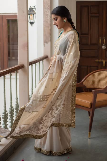 Buy_Priyanka Raajiv_Beige Silk, Brocade, Satin, Cotton, Tissue, Ausra Border Embroidered Saree _Online_at_Aza_Fashions
