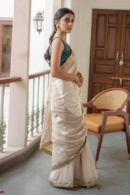 Shop_Priyanka Raajiv_Beige Silk, Brocade, Satin, Cotton, Tissue, Ausra Border Embroidered Saree _Online_at_Aza_Fashions