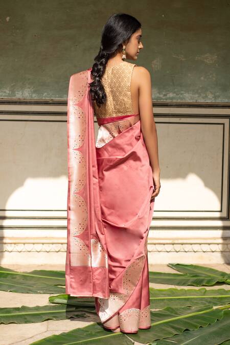 Shop Priyanka Raajiv Coral , Satin Bhagwati Mashru Saree With Zane Running Blouse at Aza Fashions Shop_Priyanka Raajiv_Coral , Satin Bhagwati Mashru Saree With Zane Running Blouse _at_Aza_Fashions