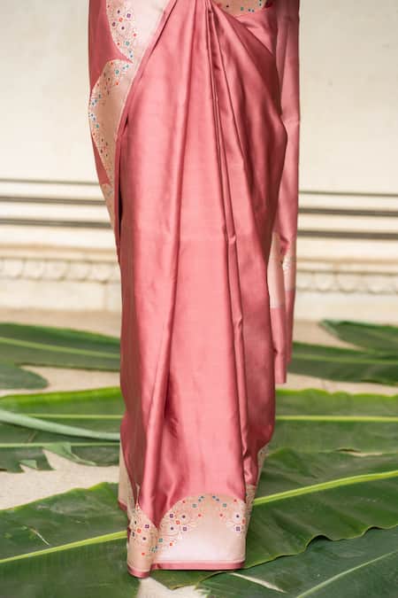 Priyanka Raajiv_Coral , Satin Bhagwati Mashru Saree With Zane Running Blouse _Online_at_Aza_Fashions