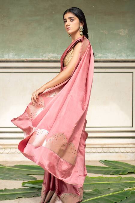 Buy_Priyanka Raajiv_Coral , Satin Bhagwati Mashru Saree With Zane Running Blouse _Online_at_Aza_Fashions
