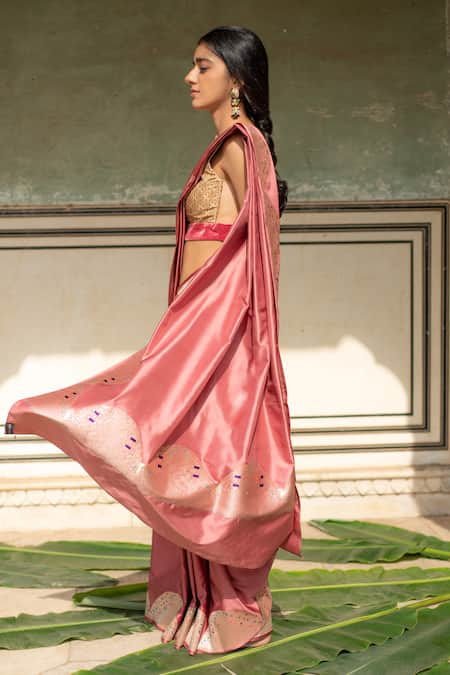 Shop_Priyanka Raajiv_Coral , Satin Bhagwati Mashru Saree With Zane Running Blouse _Online_at_Aza_Fashions