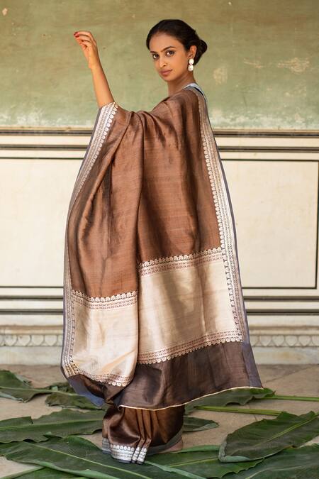 Shop_Priyanka Raajiv_Grey Silk Embroidery Chan Banarasi Saree With Zelda Running Blouse _Online_at_Aza_Fashions