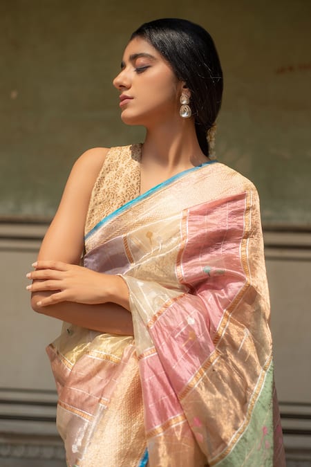 Buy_Priyanka Raajiv_Pink Silk, Chanderi Embroidery Eda Saree With Zane Running Blouse _Online_at_Aza_Fashions