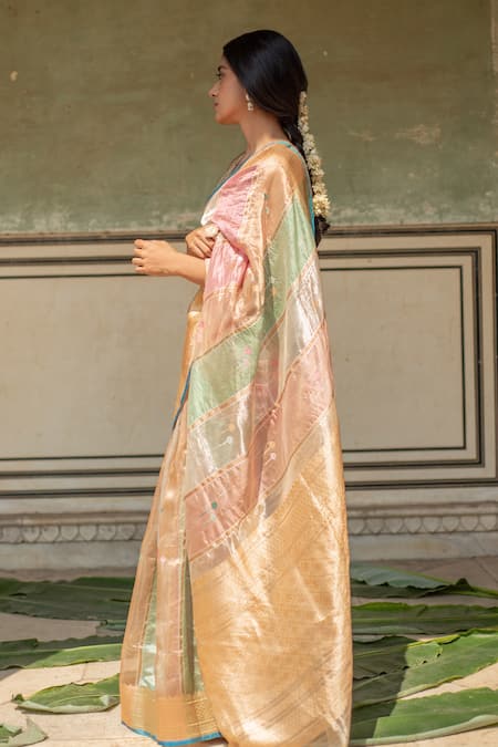 Shop_Priyanka Raajiv_Pink Silk, Chanderi Embroidery Eda Saree With Zane Running Blouse _Online_at_Aza_Fashions