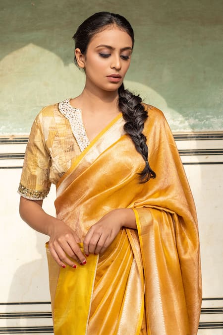 Buy_Priyanka Raajiv_Yellow Silk, Chanderi Illaria Saree With Running Blouse _Online_at_Aza_Fashions