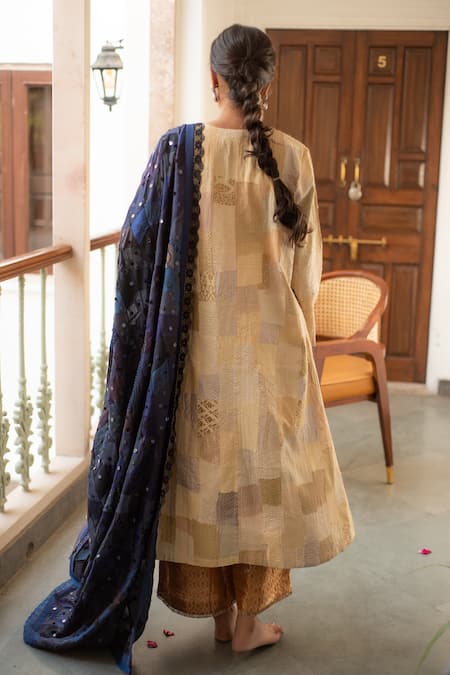 Shop_Priyanka Raajiv_Blue Silk, Brocade Lace Lola Upcycled Patchwork Dupatta _at_Aza_Fashions