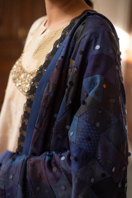 Priyanka Raajiv_Blue Silk, Brocade Lace Lola Upcycled Patchwork Dupatta _Online_at_Aza_Fashions