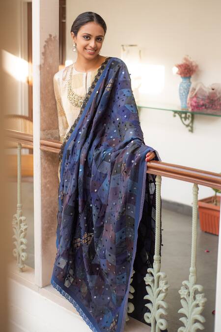 Buy_Priyanka Raajiv_Blue Silk, Brocade Lace Lola Upcycled Patchwork Dupatta _Online_at_Aza_Fashions