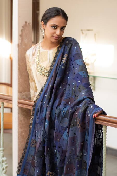 Shop_Priyanka Raajiv_Blue Silk, Brocade Lace Lola Upcycled Patchwork Dupatta _Online_at_Aza_Fashions