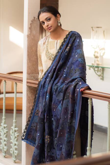 Priyanka Raajiv_Blue Silk, Brocade Lace Lola Upcycled Patchwork Dupatta _at_Aza_Fashions