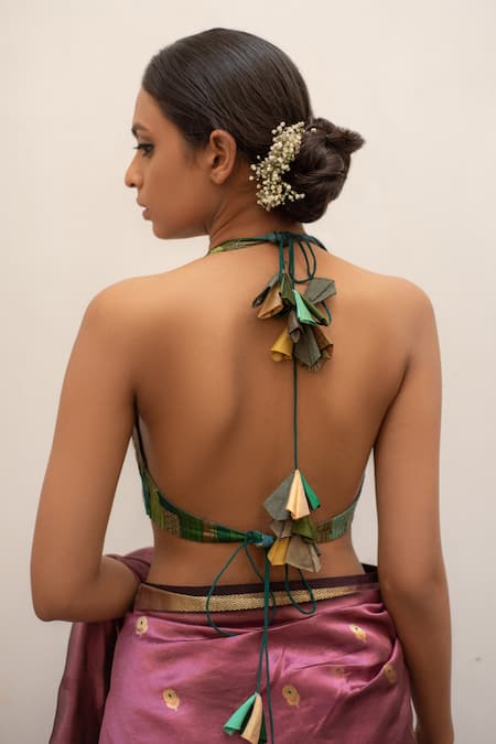 Shop_Priyanka Raajiv_Green Silk, Brocade, Satin, Cotton, Chiffon, Ish Upcycled Patchwork Blouse _at_Aza_Fashions