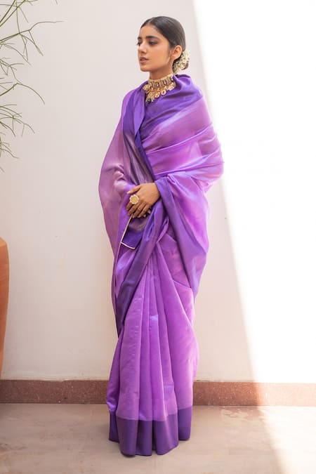 Buy_Priyanka Raajiv_Purple Silk, Chanderi Kaiya Saree With Running Blouse _Online_at_Aza_Fashions