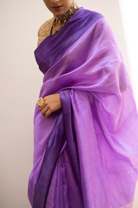 Shop_Priyanka Raajiv_Purple Silk, Chanderi Kaiya Saree With Running Blouse _Online_at_Aza_Fashions