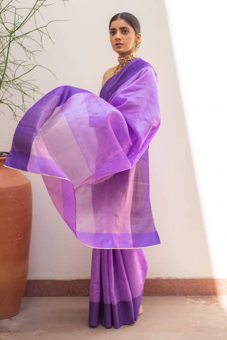 Priyanka Raajiv_Purple Silk, Chanderi Kaiya Saree With Running Blouse _at_Aza_Fashions