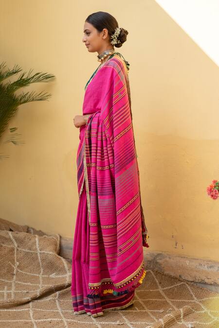Buy_Priyanka Raajiv_Pink Cotton Kiah Organic Saree With Ish Running Blouse _Online_at_Aza_Fashions