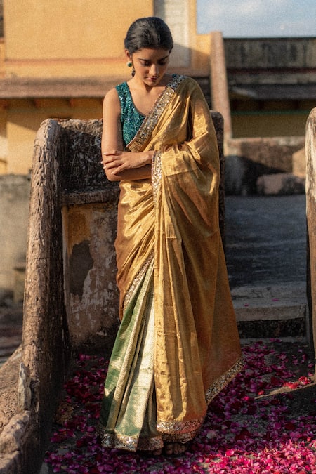 Priyanka Raajiv_Gold Silk Sequins, Zari Kiara Saree With Niamh Running Blouse _Online_at_Aza_Fashions