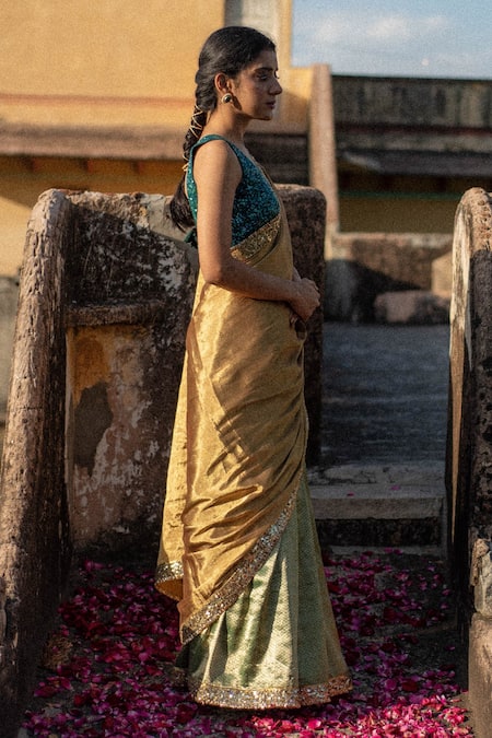 Buy_Priyanka Raajiv_Gold Silk Sequins, Zari Kiara Saree With Niamh Running Blouse _Online_at_Aza_Fashions