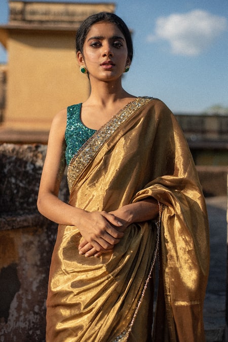 Shop_Priyanka Raajiv_Gold Silk Sequins, Zari Kiara Saree With Niamh Running Blouse _Online_at_Aza_Fashions