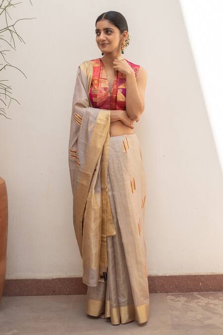 Buy_Priyanka Raajiv_Silver Silk, Chanderi Embroidery Kuu Saree With Running Blouse _Online_at_Aza_Fashions