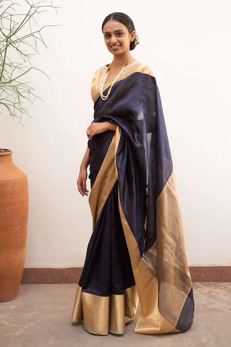 Priyanka Raajiv_Blue , Organza Lopa Chanderi Saree With Sachi Running Blouse _Online_at_Aza_Fashions
