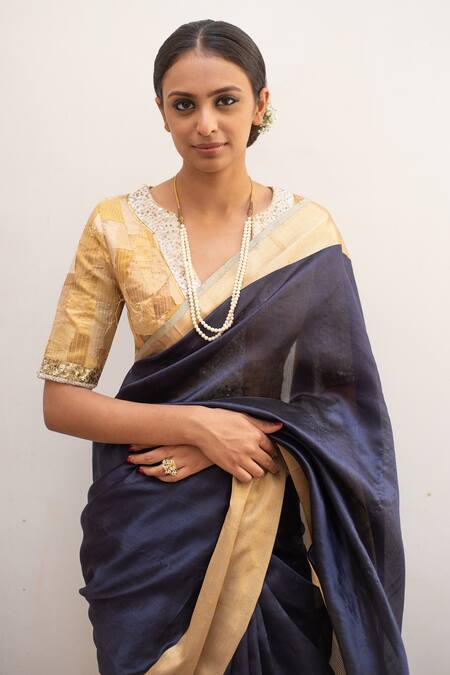 Buy_Priyanka Raajiv_Blue , Organza Lopa Chanderi Saree With Sachi Running Blouse _Online_at_Aza_Fashions