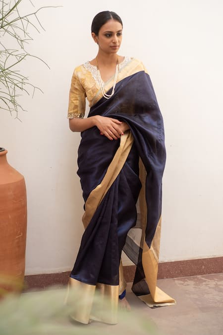 Shop_Priyanka Raajiv_Blue , Organza Lopa Chanderi Saree With Sachi Running Blouse _Online_at_Aza_Fashions