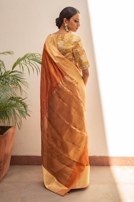 Shop_Priyanka Raajiv_Orange Silk, Chanderi Lopa Saree With Sachi Running Blouse _at_Aza_Fashions