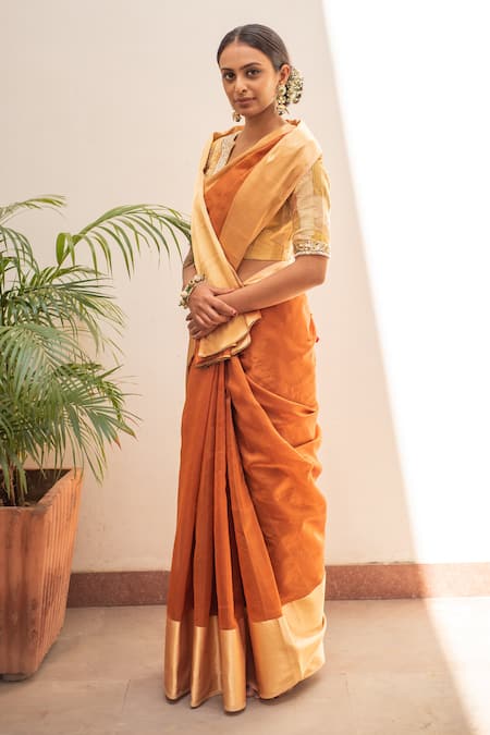 Priyanka Raajiv_Orange Silk, Chanderi Lopa Saree With Sachi Running Blouse _Online_at_Aza_Fashions