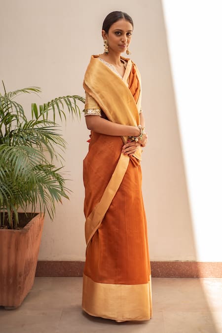 Buy_Priyanka Raajiv_Orange Silk, Chanderi Lopa Saree With Sachi Running Blouse _Online_at_Aza_Fashions