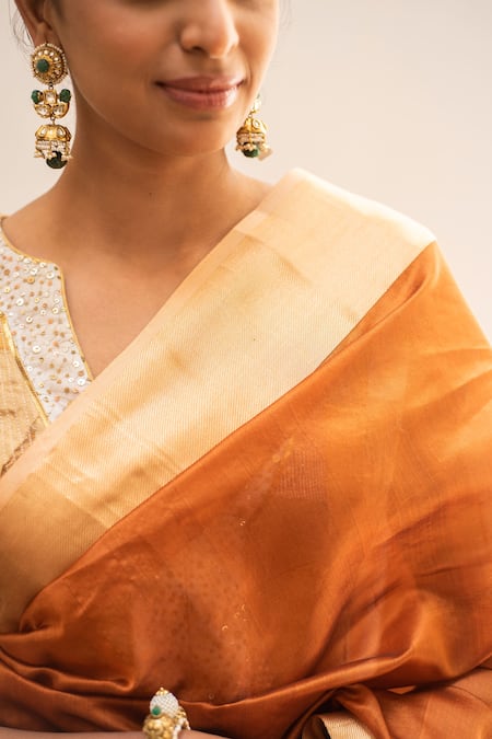 Shop_Priyanka Raajiv_Orange Silk, Chanderi Lopa Saree With Sachi Running Blouse _Online_at_Aza_Fashions