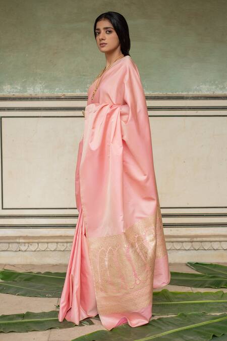 Priyanka Raajiv_Pink Silk Zari Mani Mashru Saree With Running Blouse _Online_at_Aza_Fashions