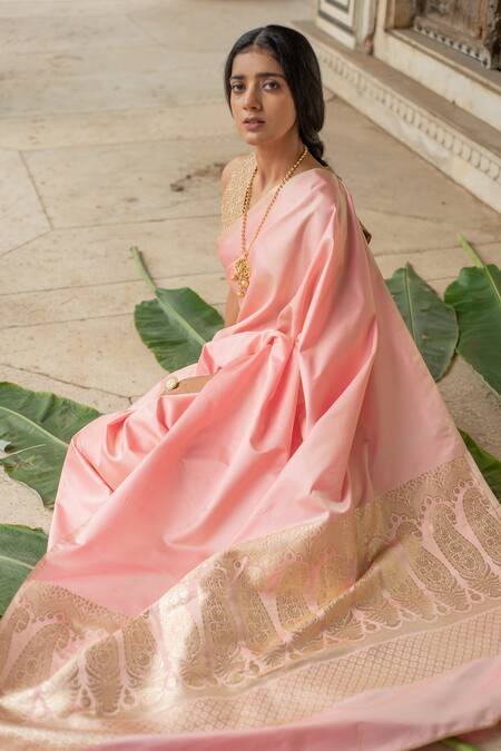 Shop_Priyanka Raajiv_Pink Silk Zari Mani Mashru Saree With Running Blouse _Online_at_Aza_Fashions