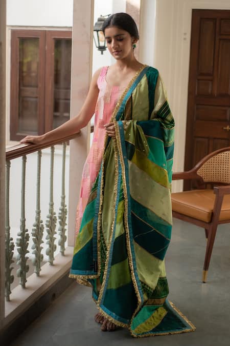 Priyanka Raajiv_Green Silk, Brocade, Satin Gota Patti, Zari Midori Patch Work Dupatta _Online_at_Aza_Fashions