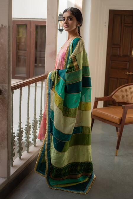 Buy_Priyanka Raajiv_Green Silk, Brocade, Satin Gota Patti, Zari Midori Patch Work Dupatta _Online_at_Aza_Fashions