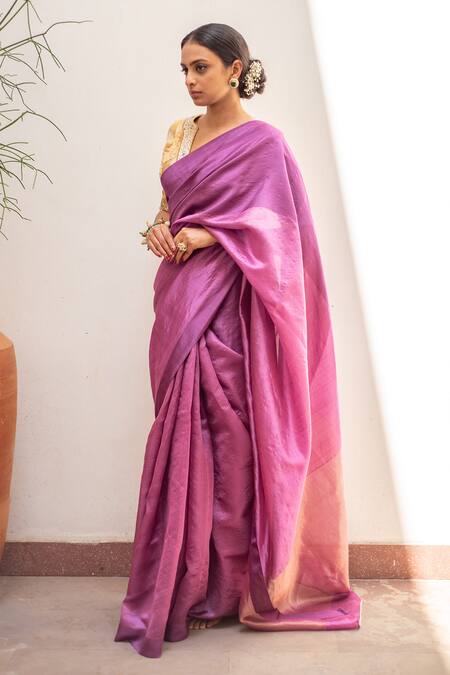 Priyanka Raajiv_Purple , Satin Mika Woven Bordered Saree With Running Blouse_Online_at_Aza_Fashions