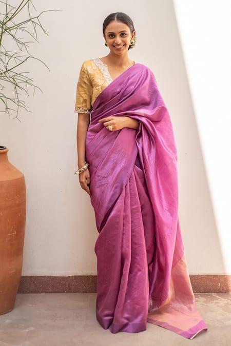 Buy_Priyanka Raajiv_Purple , Satin Mika Woven Bordered Saree With Running Blouse_Online_at_Aza_Fashions